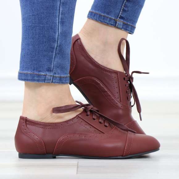 Wine Synthetic Leather Lace up Flat Heel Oxford Style Shoes - Picture 3 of 13